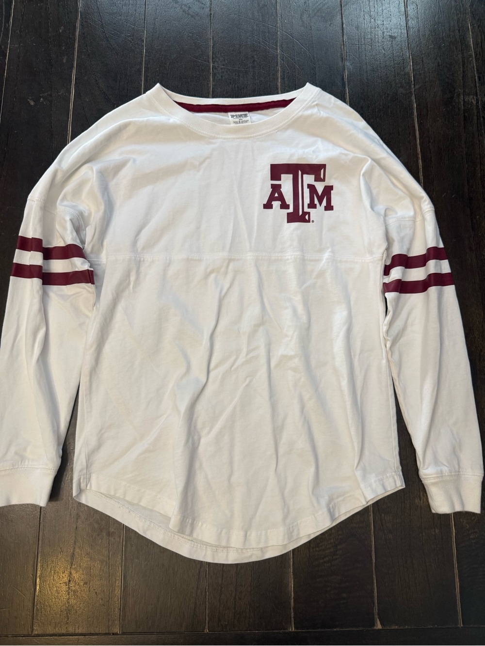 Pink by Victoria Secrets White Long-Sleeve Crewneck Shirt with Maroon Stripes XS